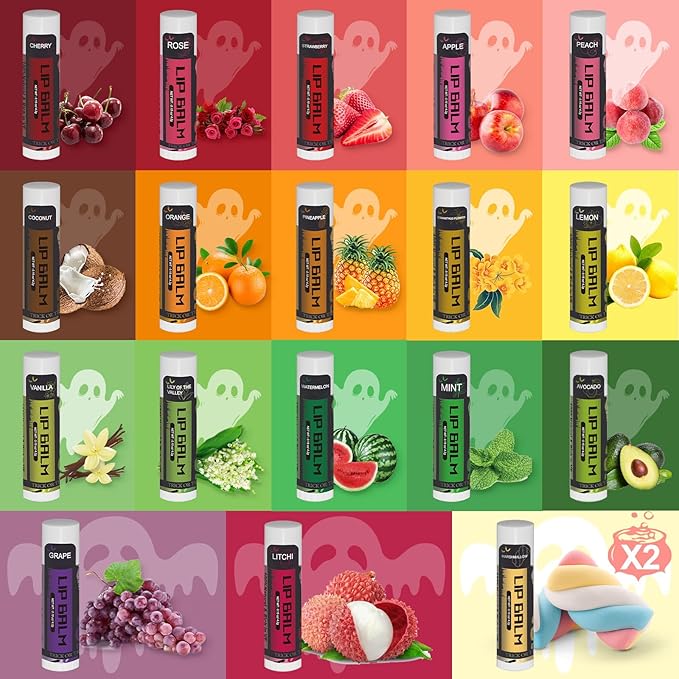 Yopela 76 Pack Halloween Natural Lip Balm Bulk with Vitamin E and Coconut Oil Lip Care Set - Moisturizing, Soothing, and Repairing Dry and Chapped Lips - 18 Flavors - Non-GMO