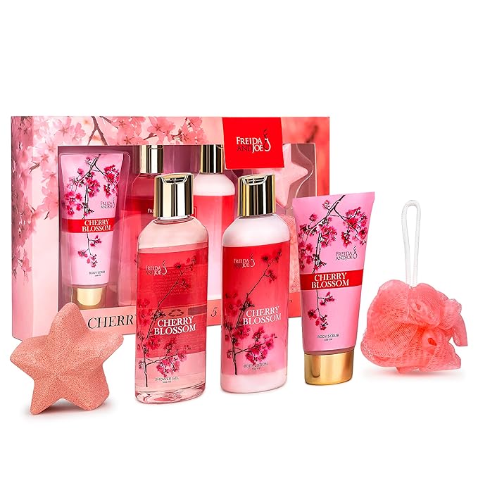 Bath and Body Gift Basket For Women – 5 Piece Set of Cherry Blossom Bath & Body Collection Gift Box, Includes Shower Gel, Body Lotion, Body Scrub, Bath Bomb & Sponge - Appreciation Gift Ideas