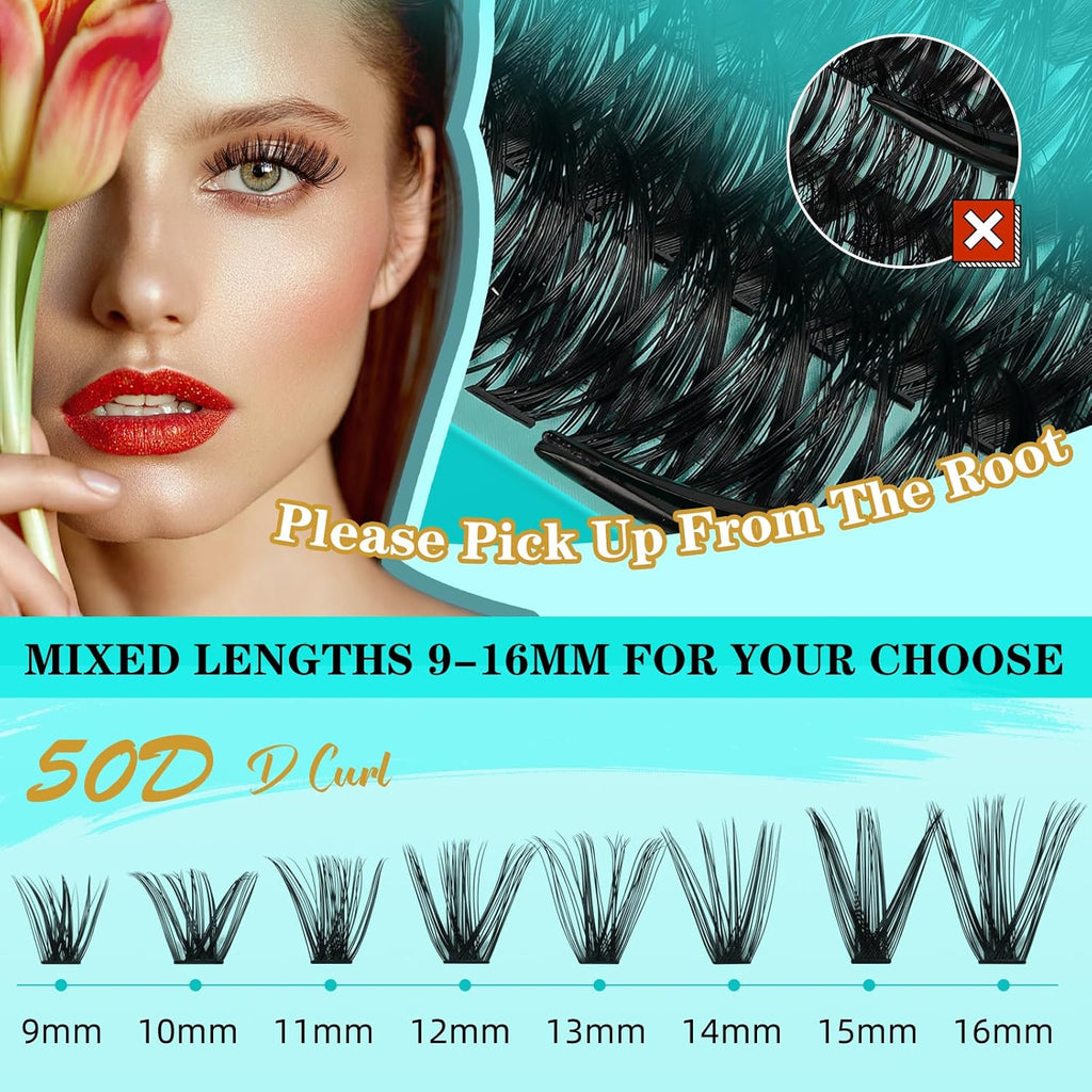 Lash Clusters Kit 240PCS Eyelash Extension Kit D Curl Wispy Clusters Lash DIY Lashes Extensions Kit Natural Individual Lashes Kit with Lash Bond and Seal Eyelash Tweezer(50D,D-Mix9-16mm)