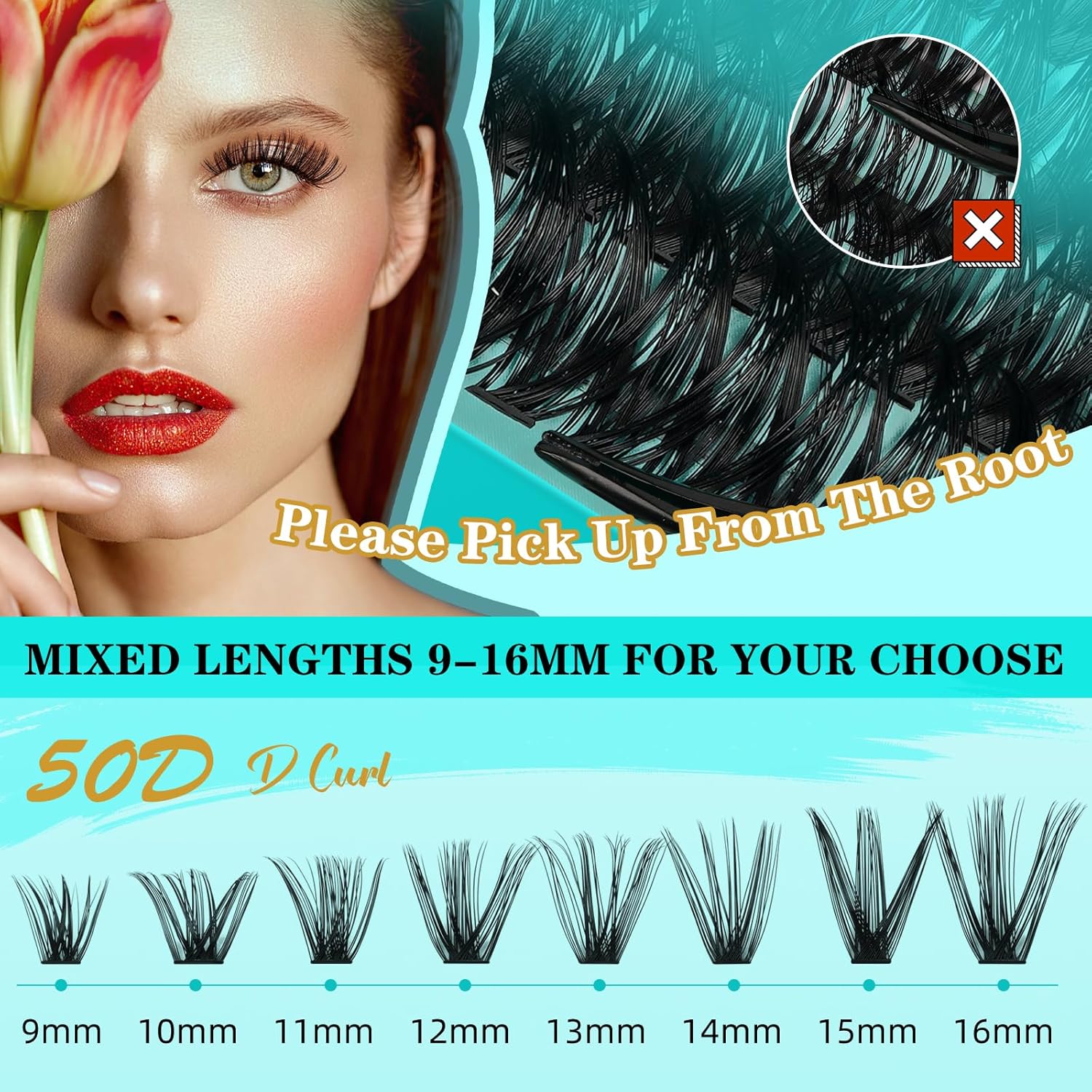 Lash Clusters Kit 240PCS Eyelash Extension Kit D Curl Wispy Clusters Lash DIY Lashes Extensions Kit Natural Individual Lashes Kit with Lash Bond and Seal Eyelash Tweezer(50D,D-Mix9-16mm)