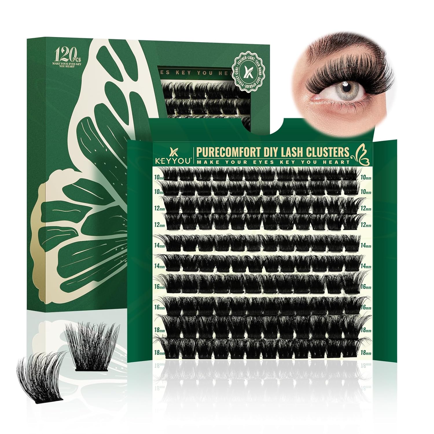 KEYYOU Lash Clusters 120pcs Eyelash Clusters 10-18mix D Curl Cluster Lashes Thick Super Soft Wispy DIY Eyelash Extension at Home(PC03-D-10-18MIX)