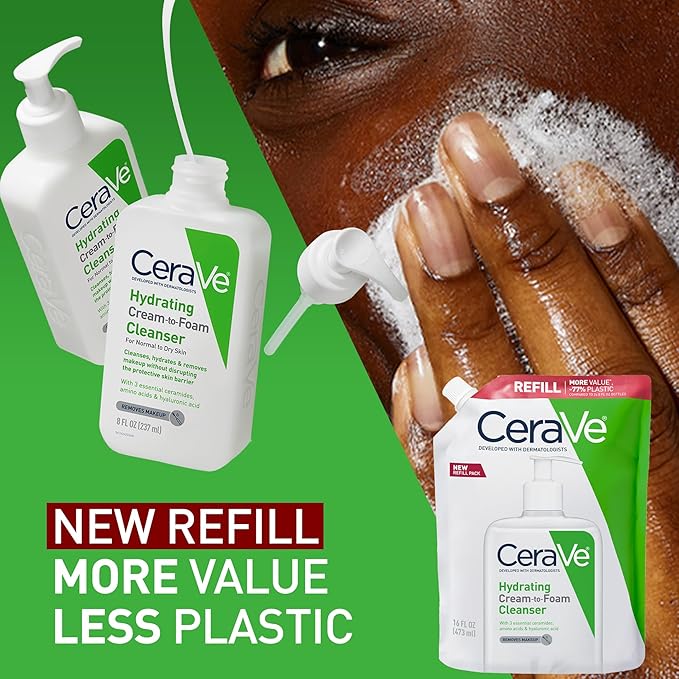 CeraVe Hydrating Cream To Foam Cleanser, Makeup Remover Face Wash For Dry Skin, Foaming Facial Cleanser With Hyaluronic Acid, Normal To Dry Skin, Fragrance Free & Non Comedogenic, 16 Ounce Refill