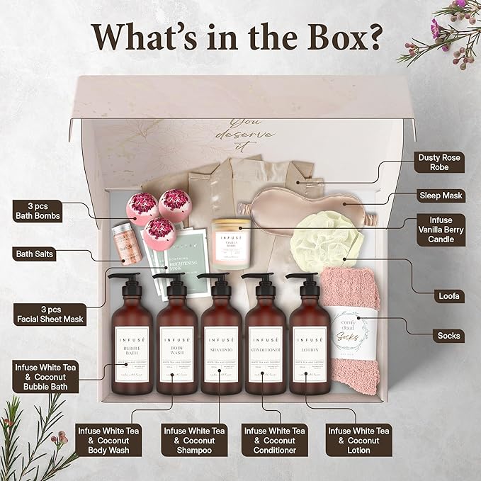 17-Piece Luxury Gift Set with Robe | Complete White Tea & Coconut Bath Collection | Self-Care Kit with Bath Bombs, Face Masks & Hair Care | Bridesmaid, Mom, Wife, Grandma or Loved Ones