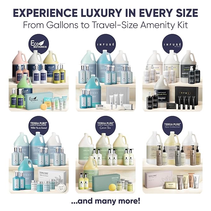 Terra Pure Spa Collection Amenity & Accessory Kit |1 oz Travel Size Shampoo, Conditioner, Lotion, Body Wash, 2 Soap Bars, Shave & Dental Sets, Make-Up Remover Wipes, & Vanity Kit | 1 set per case