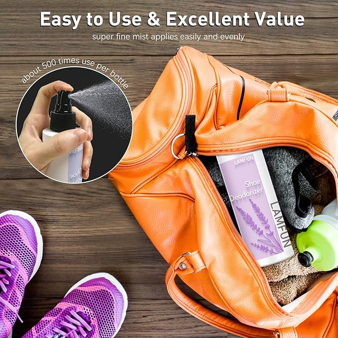 Shoe Odor Eliminator, Lamfun Deodorant Spray for Stinky Sneakers or Smelly Feet, Natural Shoe Deodorizer and Foot Deodorant Fight All Odors, Lavender, 150ml