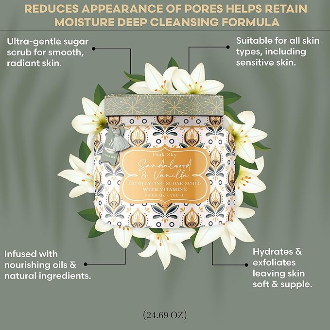 Pink Sky Exfoliating Body Scrub - Ultra Gentle Sugar Scrub for Smooth Skin - Premium Body Scrubs for Radiant, Soft Skin - Ideal Exfoliator for All Skin Types - 700g (Sandalwood & Vanilla, 24.69 Oz)