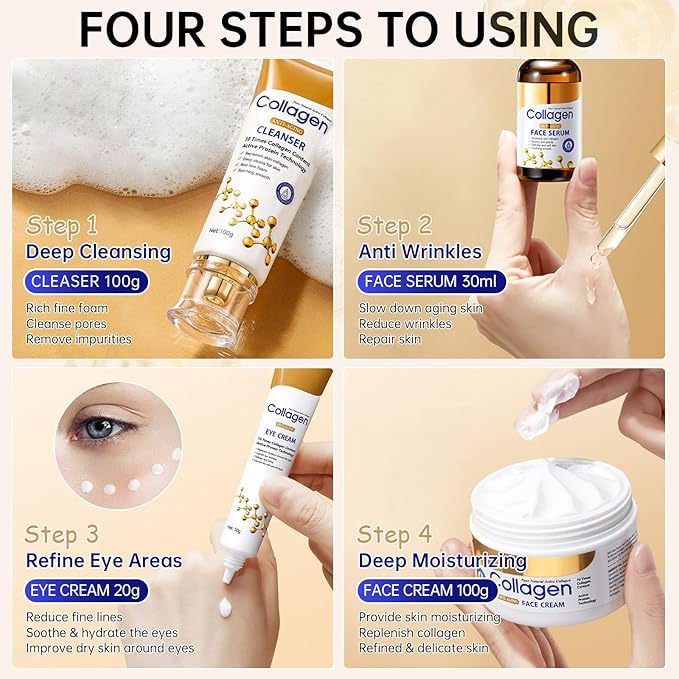 Collagen Skin Care Set, Anti Aging Skincare Set for Reduce Wrinkles, Shrink Pores, Smooth Fine Lines, Hydrating, 4 Pcs Travel Skincare Kits for Women with Cleanser, Serum, Cream, Eye Cream.