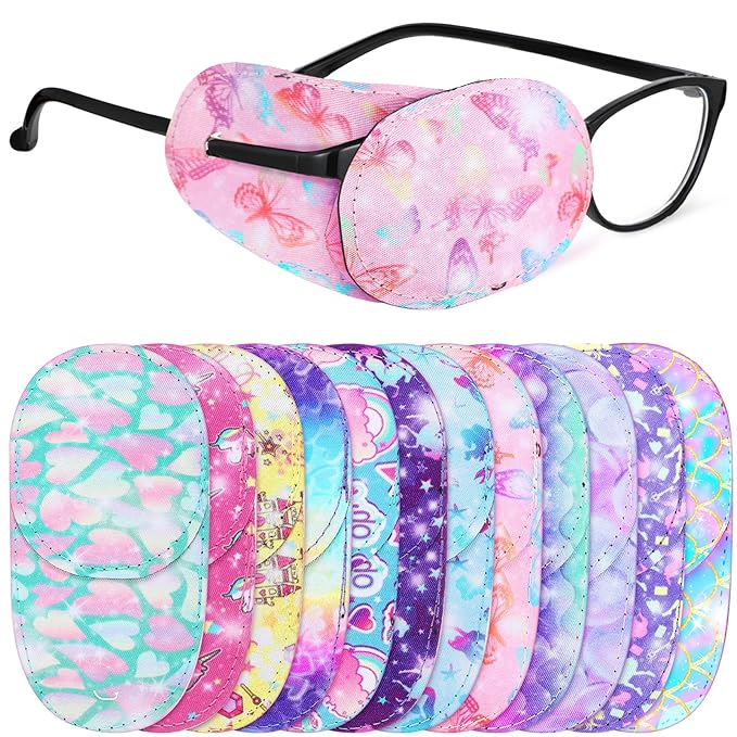 Newcotte 12 Pcs Eye Patch for Kids Toddler Reusable Adjustable Girls Boys Eyepatch for Glasses Left or Right Eye Patch, Assorted Patterns(Mermaid)