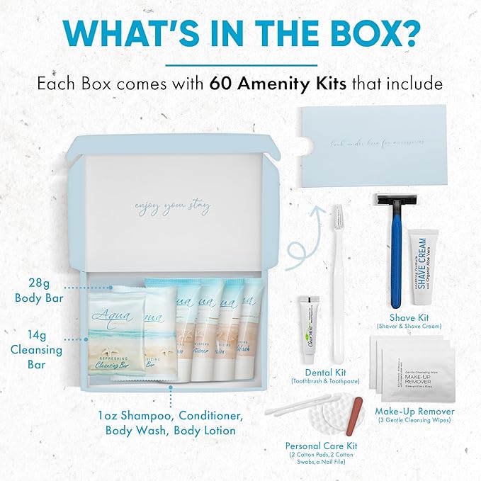 Aqua Organics Amenity & Accessory Kit | 1 oz Shampoo, Conditioner, Lotion, Body Wash, Body Bar, Cleansing Bar, Shave & Dental Sets, Make-Up Wipes, Vanity Kit | 60 Sets