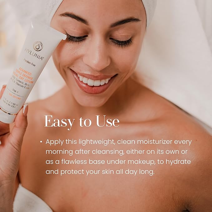 Hylunia Triple Defense Day Lotion | Age-Defying Moisturizer | Vitamin C, Turmeric & Titanium Dioxide | Hydrate, Protect & Rebuild Collagen | Clean, Non-Toxic Formula | All Skin Types | 1.7 fl. oz.