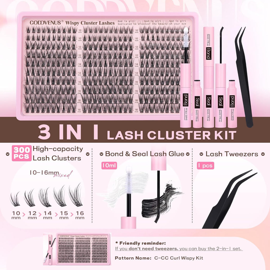 Lash Clusters Kit Wispy Eyelash Clusters Lashes Natural DIY Lash Extension Kit 10-16mm Cluster Eyelash Extensions Kit 300pcs C Curl Individual Lashes Cluster Eyelash (With Tweezers)
