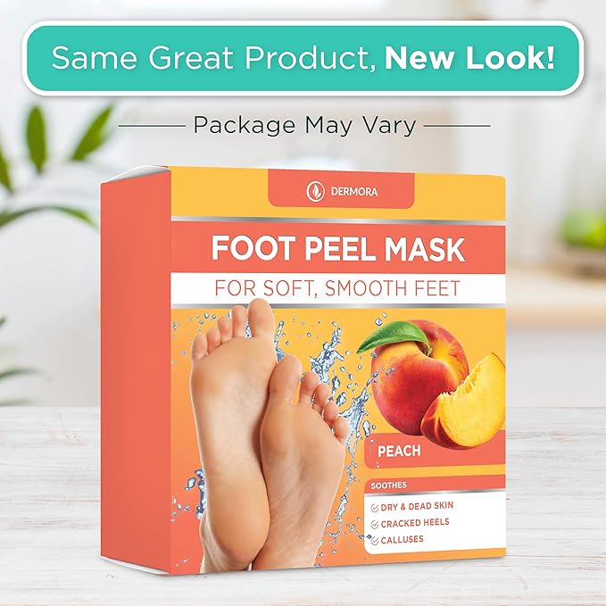DERMORA Foot Peel Mask - 2 Pack of Regular Size Skin Exfoliating Foot Masks for Dry, Cracked Feet, Callus, Dead Skin Remover for Baby Soft Feet, Peach Scent