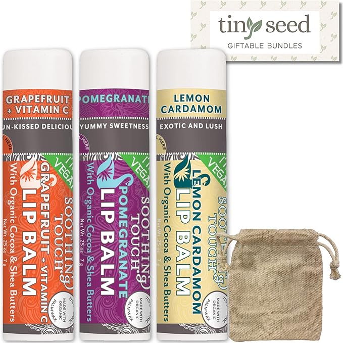 Vegan Lip Balm Set - Variety Pack of 3 Soothing Touch Lip Balms. Large 0.25 oz size. Includes Bonus Muslin Pouch (3 x 4 in). Unique Gift Bundle from Tiny Seed (Grapefruit, Pomegranate, Lemon Cardamom)