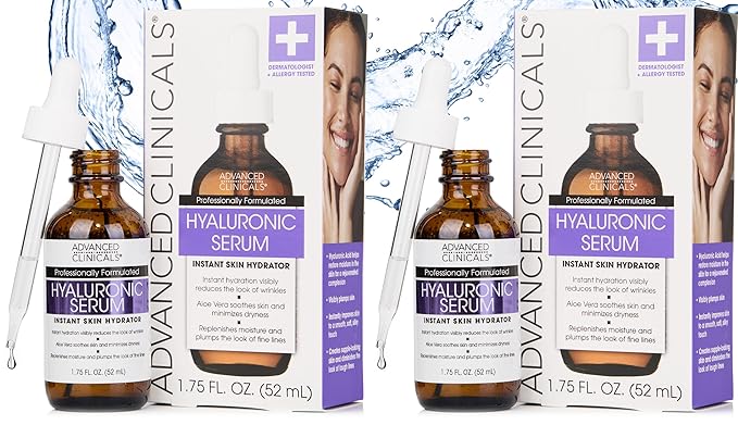 Advanced Clinicals Hyaluronic Acid Serum For Face | Moisturizing Facial Skin Care Products | Hydrating Serum For Face Helps Improve Look Of Wrinkles, Fine Lines, & Uneven Dry Skin Texture, 2-Pack