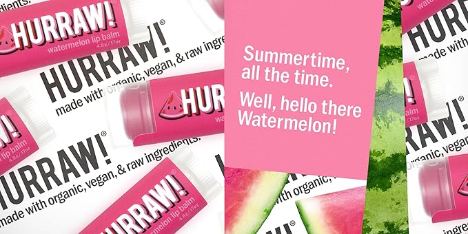 Hurraw! Watermelon Lip Balm, 3 Pack: Organic, Certified Vegan, Cruelty and Gluten Free. Non-GMO, 100% Natural Ingredients. Bee, Shea, Soy and Palm Free. Made in USA