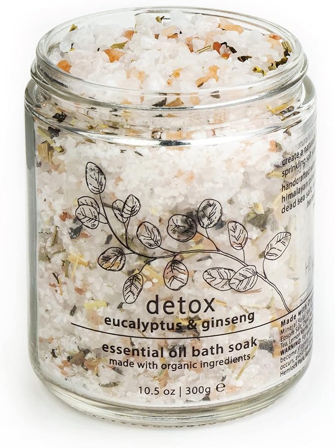 Hemlock Park Detox Essential Oil Bath Soak | Naturally Soothing Mineral Sea Salt and Botanicals | 10.5 oz Jar | Eucalyptus & Ginseng