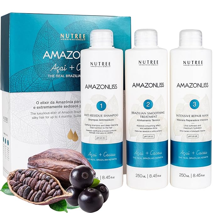 Amazonliss Keratin Hair Treatment Set 8.45 Fl Oz + Brazilian Bondox Hair Treatment Masks 33.8 Fl Oz – Smooths, Softens, Moisturizes, Adds Shine, Reduces Frizz, Deep Repair with Collagen and Almond Oil