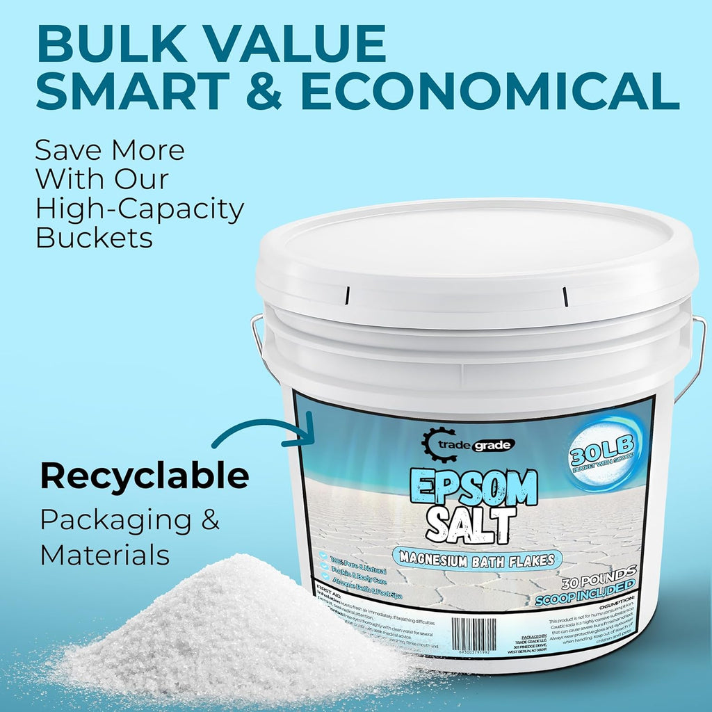 Epsom Salt Bath Soak 30 lb Bucket – Unscented, Pure Epsom Salt Bulk Crystals, Magnesium Sulfate for Full Body or Foot Soaks, Resealable Container with Scoop for Home Bath Use