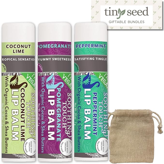 Vegan Lip Balm Set - Variety Pack of 3 Soothing Touch Lip Balms. Large 0.25 oz size. Includes Bonus Muslin Pouch (3 x 4 in) Unique Gift Bundle from Tiny Seed (Coconut Lime, Pomegranate, Peppermint)