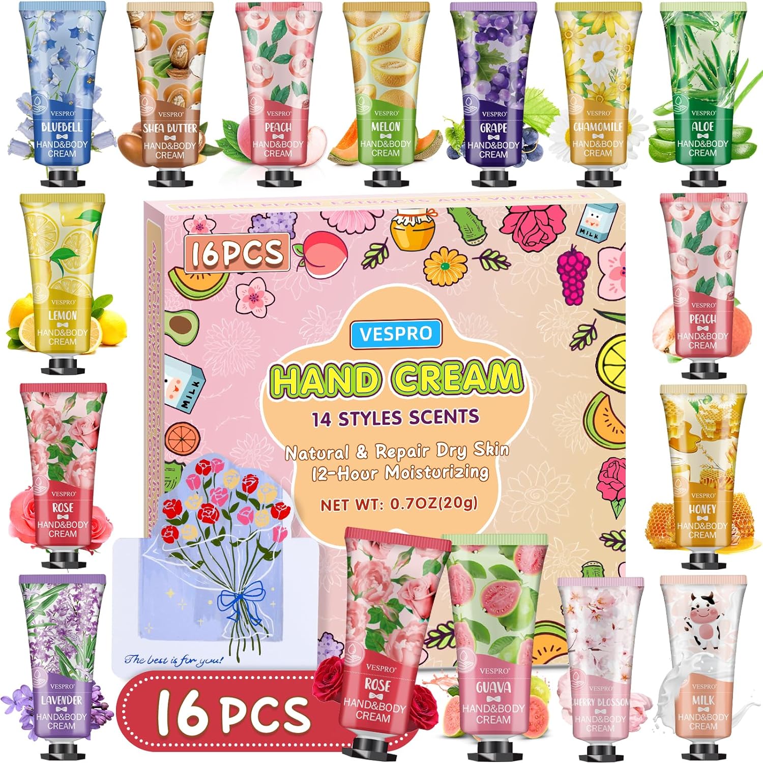 VESPRO 16 Pack Hand Cream Gifts Set, Birthday Gifts, Bridesmaid Gifts, Bulk Hand Lotion Travel Size for Dry Cracked Hands, Mini Hand Lotion for Thank You Gift and Mom Gifts with a Greeting Card
