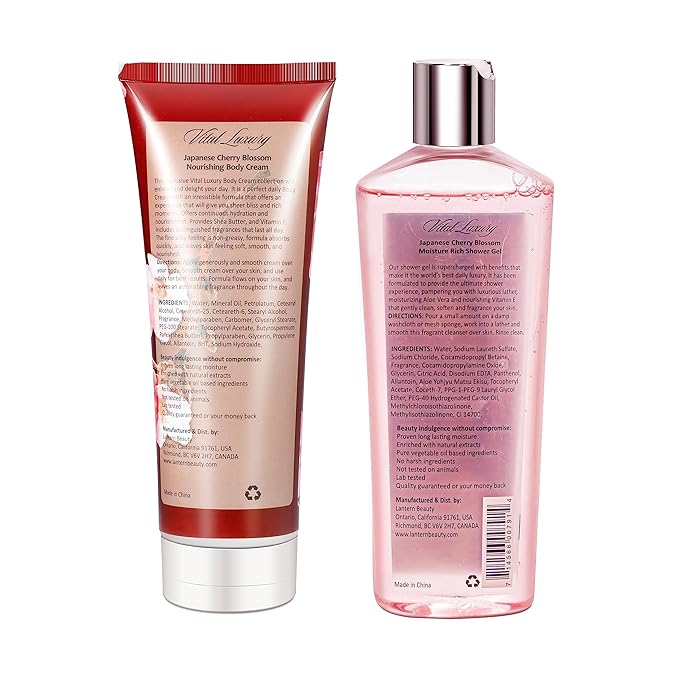 Japanese Cherry Blossom Shower Gel and Body Cream Set - Nourishing and Moisturizing Daily Skincare - 8 fl.oz / 236mL Each, Birthday Mother's Valentine's Day Gifts for Her and Him
