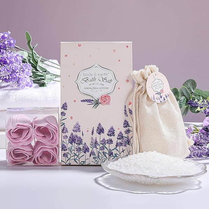 Spa Gift Baskets for Women, Bath Set for Women Gift - Body & Earth 10 Pcs Gifts Set with Rosewater & Lavender, Includes Bubble Bath, Body Lotion, Shower Gel, Home Spa Kit Gift for Her