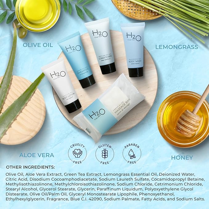 H2O Therapy Amenity Kit | Hotel Bulk Toiletries | 0.85 oz Shampoo, Conditioner, Lotion, Body Wash, Body Bar Soap for Guest Hospitality Vacation Rentals | 60 Sets/Case