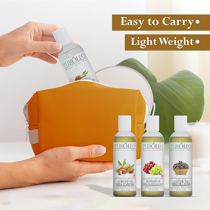PURÓLEO Carrier Oil Gift Set- 4 Pack - Coconut Oil- Almond Oil - Castor Oil - Grapeseed Oil - 100% Natural Moisturizing Massage 4 Pc (4 Fl Oz)