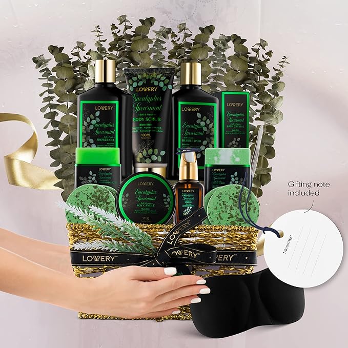 Mothers Day Gifts, Eucalyptus Spearmint Bath Set, Home Spa Set with Natural Mint Fragrance, 17 Pcs Gift Basket, Eucalyptus Bath Oil, Shower Gel, Bubble Bath, Bath Crystal, Steamer Tablet & More