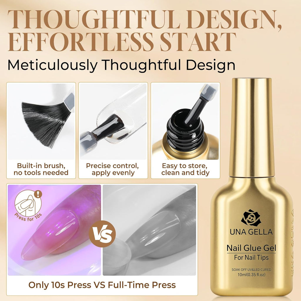 UNA GELLA 6 in 1 Gel Nail Glue for Acrylic Nails Tips 2 Pcs 10ml Super Strong Nail Glue Long Lasting Brush On Nail G el Glue Curing Needed U V for Base Coat, Soft Gel Nail Tips, Clear Press on Nails