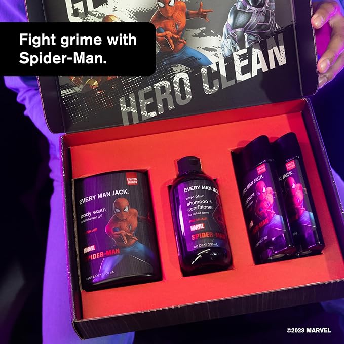 Every Man Jack Spider-Man Body Set - Perfect for Every Guy & Marvel-Lover - Bath and Body Marvel Gift Set with Clean Ingredients & Incredible Scents - Includes Body Wash, Shampoo & Deodorant 2-Pack