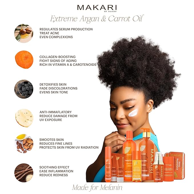 MAKARI Extreme Argan & Carrot Seed Oil Skin Toning 2 Piece Gift Set | Exfoliating Soap & Tone Boosting Body Lotion Ideal for All Types, Botanical Self Skin Care Kit with Free Makeup Bag