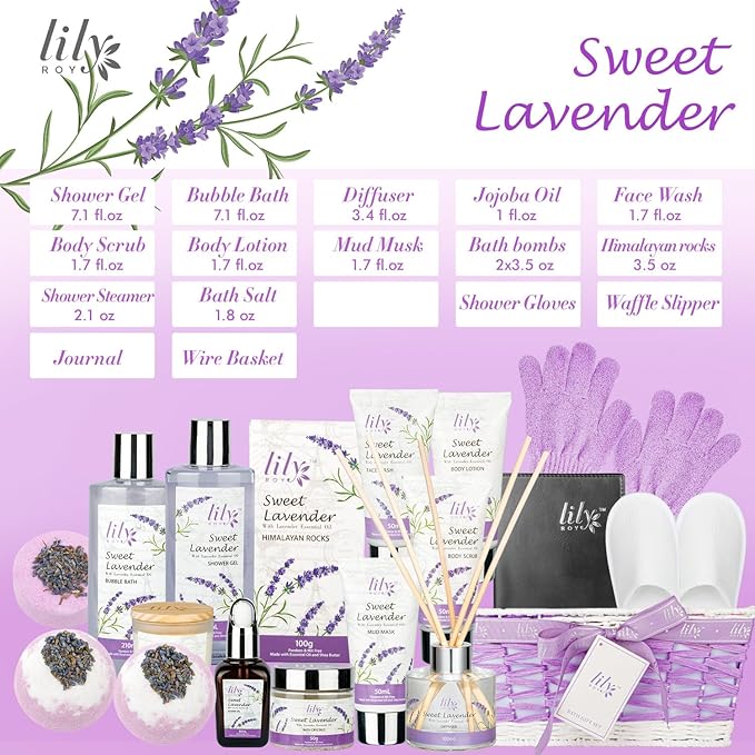 Mothers Day Gifts for Mom - 18-Piece Luxury Bath and Body Gift Set for Women, Lavender Spa Gift Basket with Bath Bomb, Diffuser | Self Care, Christmas Birthday Gifts for Her, Bridal Shower Pamper Kit