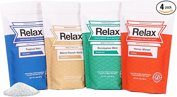 Relax Spa & Bath, Epsom & Dead Sea Salts, Aromatherapy Bath Salts for Hot Tub, Bath, or Spa, Infused with Magnesium, 32 oz Each, 4-Pack