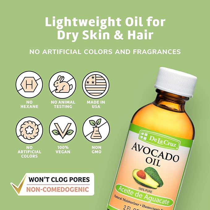 De La Cruz Avocado Oil - Expeller Pressed Pure 100% Avocado Oil for Hair and Body - Lightweight Body Oil for Dry Skin - 2 FL. OZ. (2 Bottles)