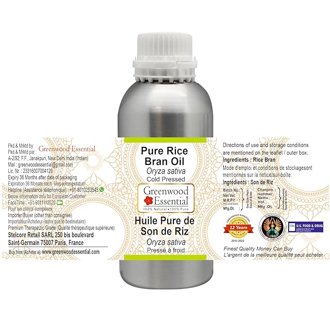 Pure Rice Bran Oil (Oryza Sativa) Cold Pressed 300ml (10 oz)