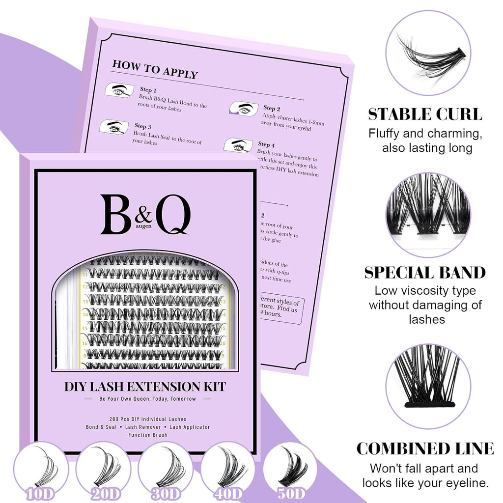 B&Q Lash Clusters Kit 280PCS Eyelash Clusters Kit,30D 40D D 9-16MIX Individual Lash Comfortable Eyelash Extension Set, Classic Look with Bond and Seal Waterproof, Remover DIY at Home(Set,30D+40D)
