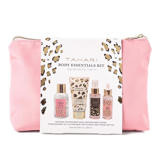 Tahari Vanilla Jasmine Spa Gift Set for Women – Luxurious Bath Kit with Body Lotion, Body Wash & Body Mist & Oil – Perfect Selfcare Gifts for Women (Leopard)