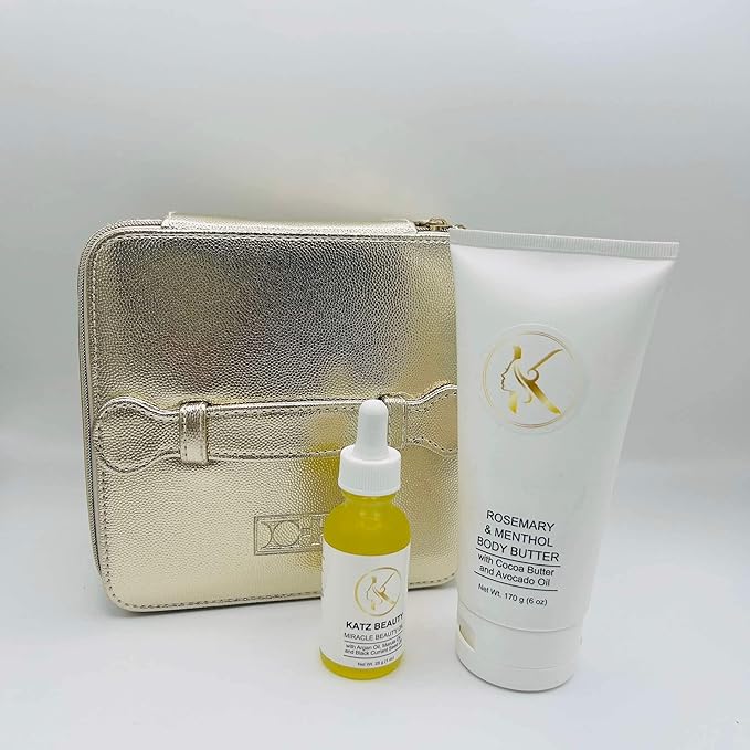 Katz Beauty Rosemary & Menthol Body Butter with Shea Butter and Avocado Oil 6 oz with Miracle Beauty Oil 1 oz and Cosmetic Bag
