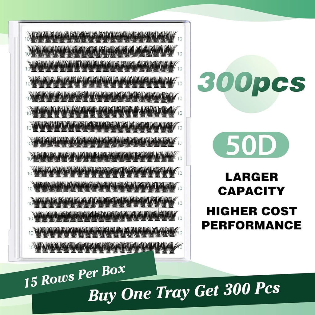 Lash Clusters 300pcs Eyelash Clusters 50D 0.07D Curl 10mm DIY Eyelash Extension KEYYOU Large Tray Volume Soft&Natural Individual Lashes(50D-0.07D,10)