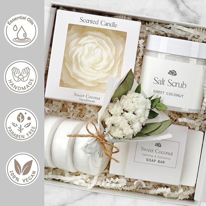 Sweet Coconut Spa Gift Baskets for Women – Luxury Birthday Bath Gifts for Mom, Wife, Sister, Friend - Self-Care and Relaxation Mother’s Day Gifts - Gift Baskets for Her for All Occasions