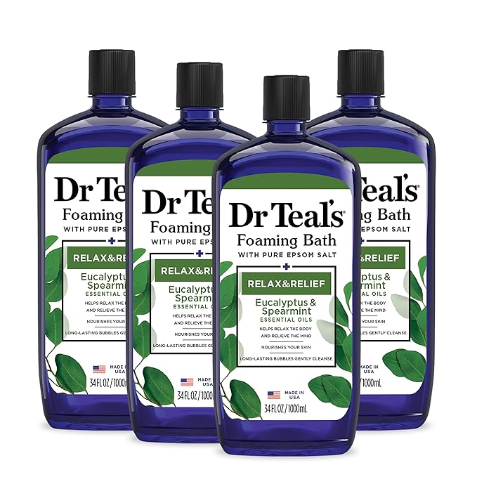 Dr Teal's Foaming Bath with Pure Epsom Salt, Relax & Relief with Eucalyptus & Spearmint, 34 fl oz (Pack of 4)