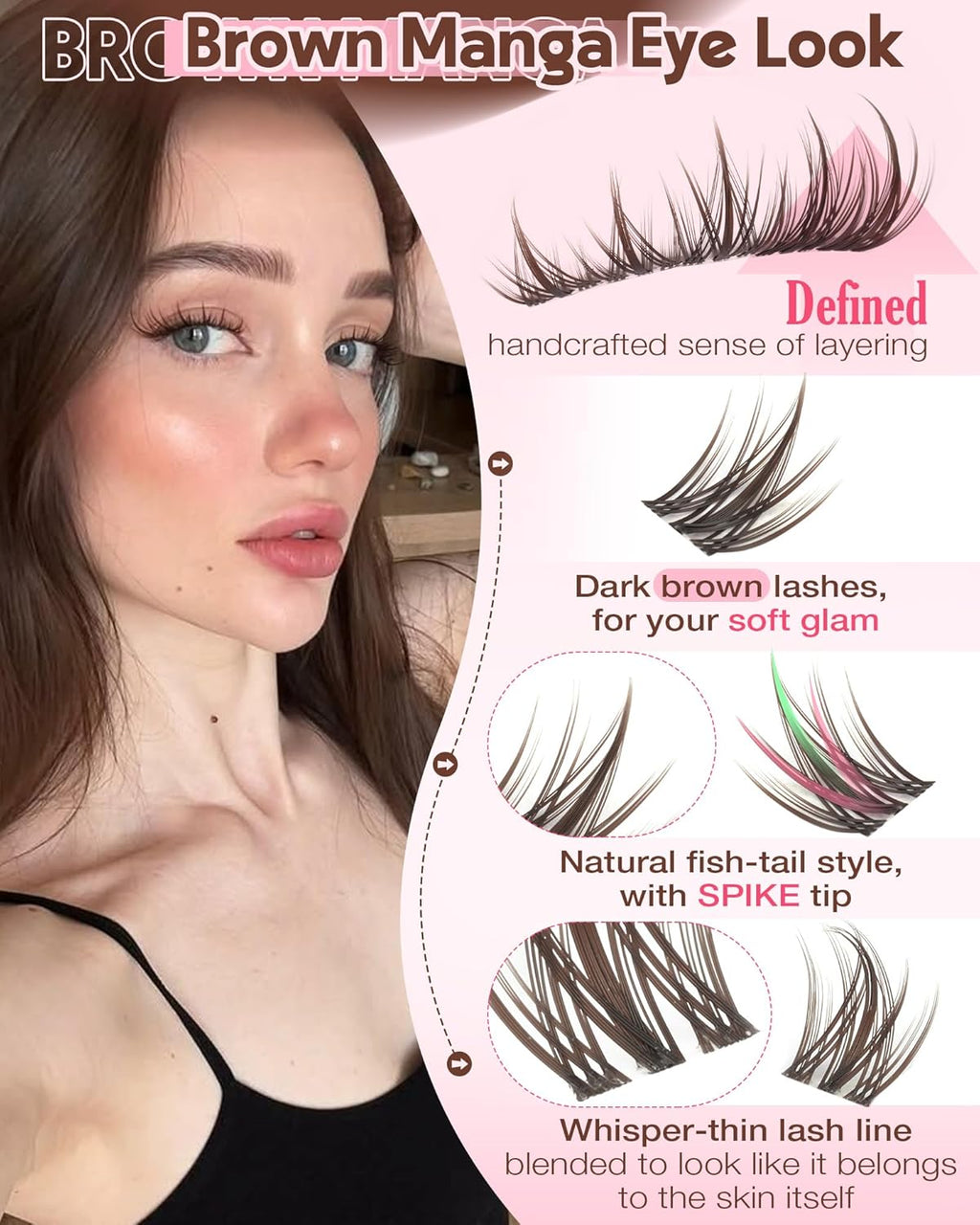Brown Manga Lash Clusters Kit Natural Cluster Eyelash Extensions Kit CD Curl Wispy Fairy Eyelashes Clusters Anime Individual Lashes 180pcs