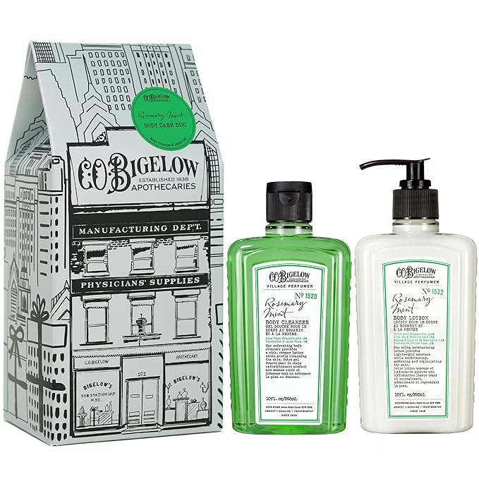 C.O. Bigelow Apothecary Duo, Rosemary Mint Body Care Gift Box with Body Soap & Lotion, Gift Set of Two - Moisturizing Lotion & Liquid Body Wash for Dry Skin - 10fl oz Each