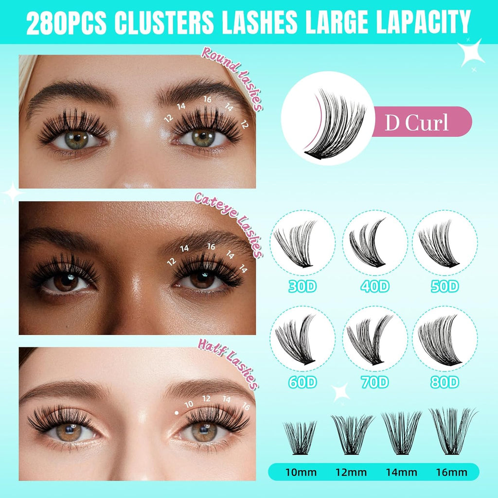 Lash Clusters Wispy 280PCS Eyelash Extension 40D 50D Cluster Lashes Individual Lashes DIY Lash Extension Natural Look Cluster Eyelash Extensions Soft False Eyelashes at Home for Beginners(14mm)