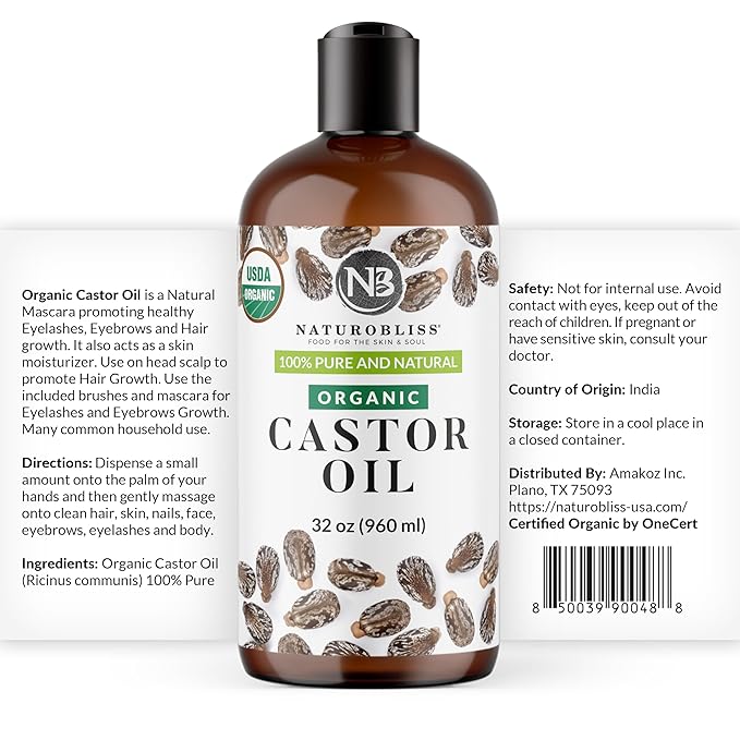 NaturoBliss Organic Castor Oil 100% Pure and Natural Premium Grade for Hair Growth, Eyelashes and Eyebrows - Carrier Oil - Hair and Body - Expeller-Pressed & Hexane-Free (32 Fl Oz)