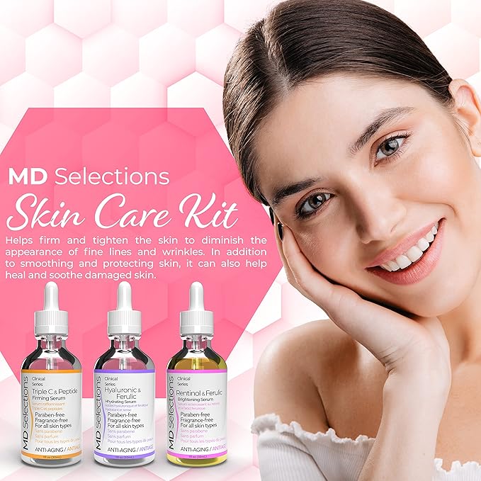 [3-PACK] MD Selections Retinol Hyaluronic Ferulic Triple C Peptide Lifting Serum Bundle for Face, 3 Fl Oz - Skin Firming Plumping Boost Collagen
