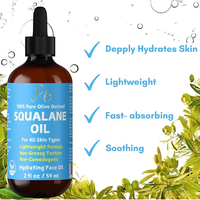100% Pure Squalane Oil – Hydrating & Anti-Aging Moisturizer – Lightweight, Non-Greasy & Fast-Absorbing – Plant-Derived & Non-Comedogenic – Squalane for Face, Skin & Hair, 2 fl oz