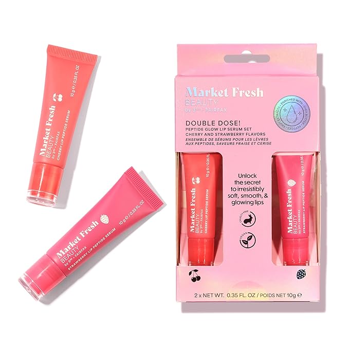 Peptide Glow Lip Serum Set by Market Fresh Beauty - Double Dose Hydrating Lip Care, Cherry & Strawberry Flavors, Vegan, Cruelty-Free, Clean Ingredients, 2 Pack