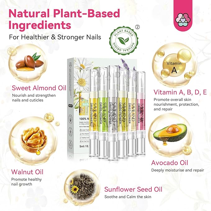 SAVILAND Floral Cuticle Oil Pen: 6Pcs 5ml Large Capacity Nail Growth Oil with Real Flowers For Revitalizing Hydrating Repairing Nail Strengthener Cuticles Softener Nail Growth Serum with Vitamin E